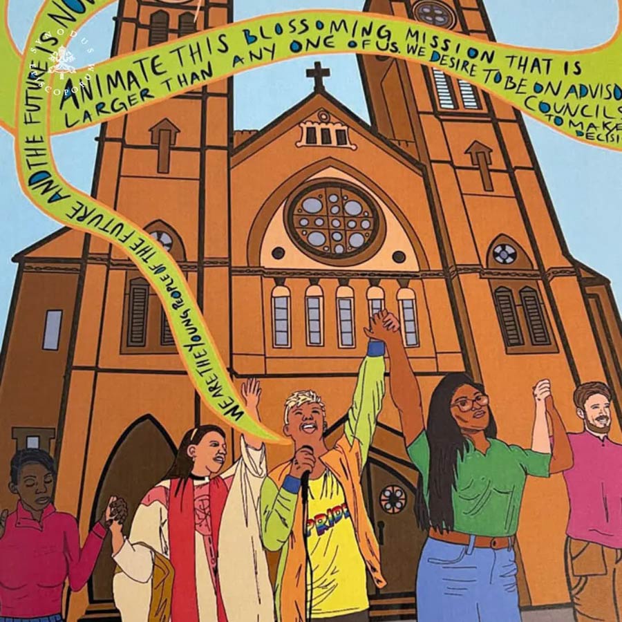 Vor dem Hintergrund einer klassischen Kirche zeigt das Bild eine Reihe von hippie-mäßigen Neokaholiken, darunter eine 'Priesterin' im Messgewand' und den Träger eines Regenbogen-Pride-Pullis.