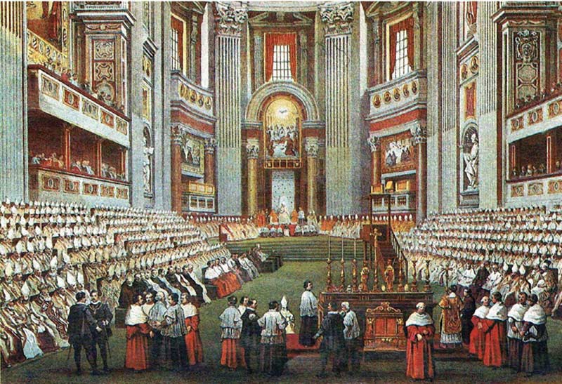 Blick in den als Konzilsaula hergerichteten Petersdom - kolorierter Metallstich.