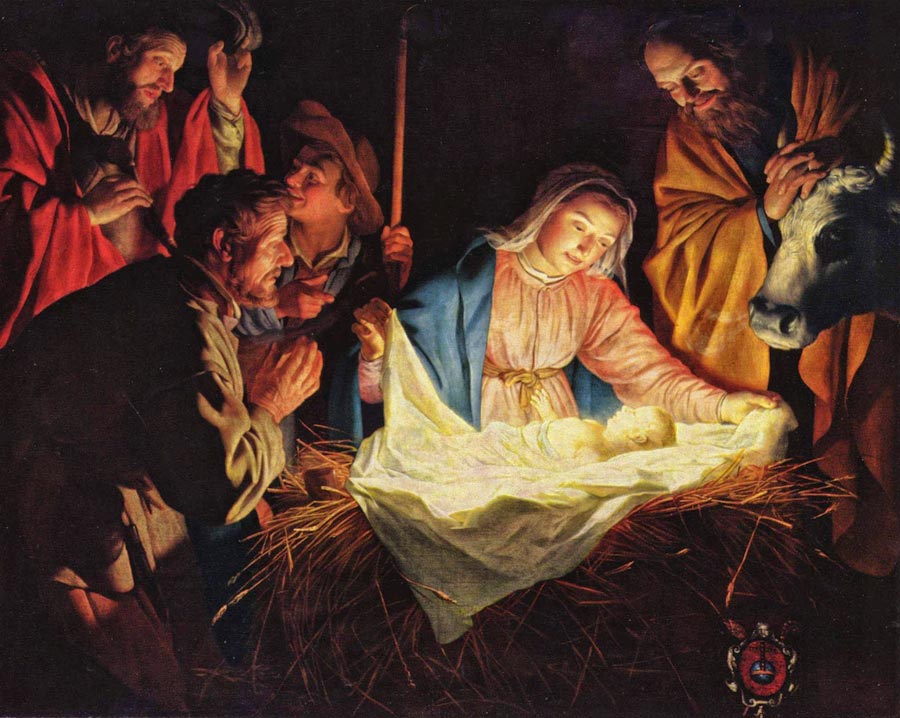 Das lichtdurchstrahlte Kind in der Krippe ist die einzige Lichtquelle für Maria und Josef, die Hirten und auch Ochs und Esel