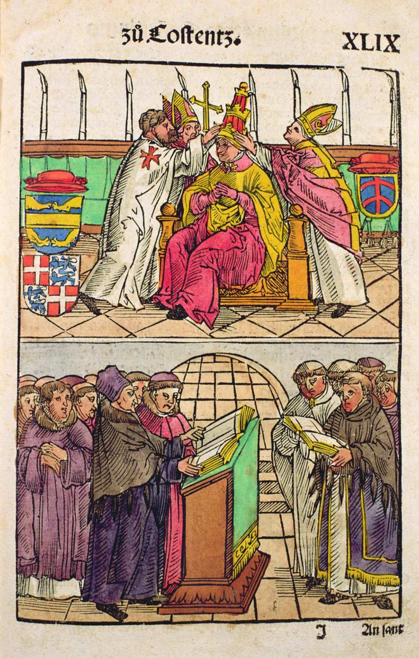 Der zeitgenössische Holzschnitt zeigt oben die Krönung Martins V: und unten eine Szene aus der Konzilsaula.