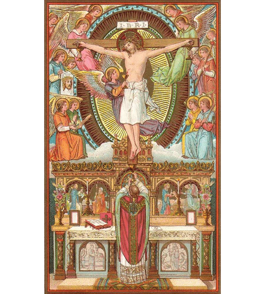 Das Bild zeigt die enge Verbindung zwischen dem Priester, der am Altar das Messopfer feiert, und Christus, der sich am Kreuz selbst geopfert hat