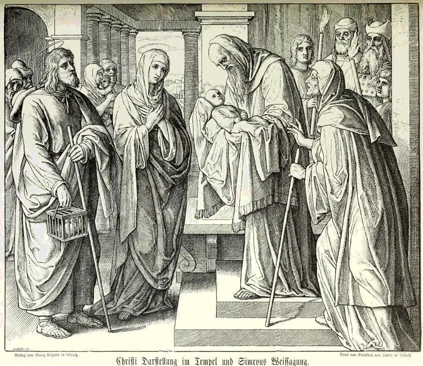 Der Holzschnitt aus der Bilderbibel (S.v.Carolsfeld) zeigt die Szene der Prophezeiung Simeons im Tempel