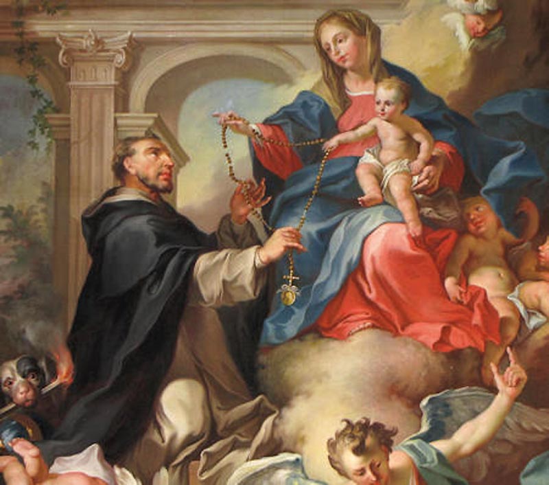 Das Wandgemälde zeigt als Szene, wie Jesus und seine Mutter dem hl. Dominikus den Rosenkranz überreichen