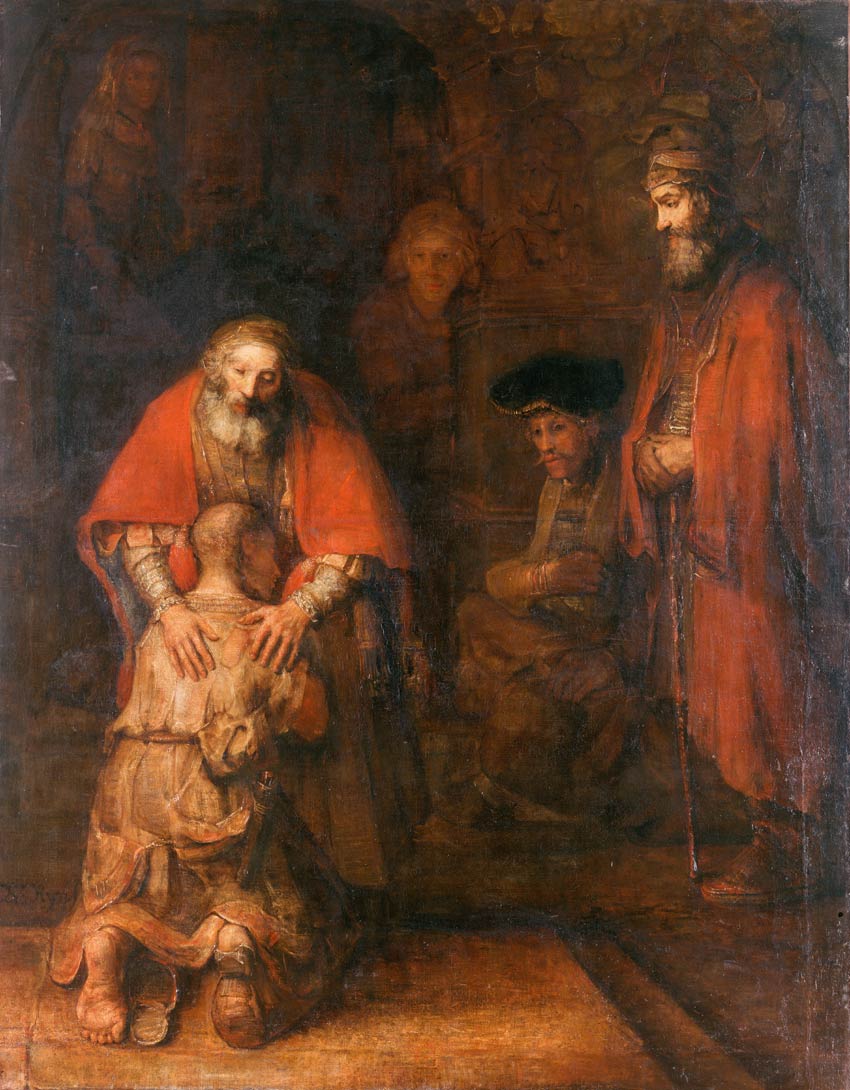 Das Gemälde von Rembrandt zeigt den zerlumpten Rückkehrer, der vor dem Vater niederkniet und von diesem in die Armegeschlossen wird. Im Hintergrund der mißgünstige ältere Bruder.