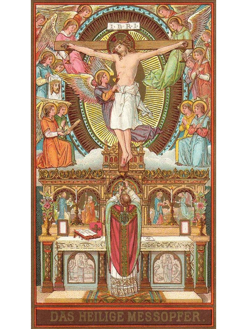 Klassische Darsteellung mit dem Priester, der dem Altar und damit Christus zugewandt das Opfer darbringt