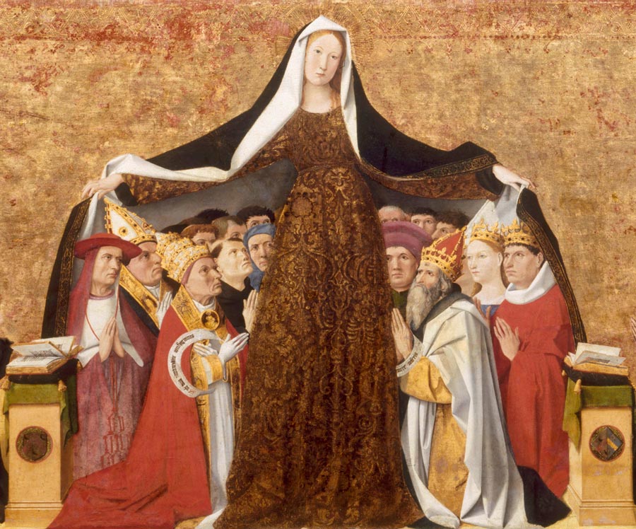 Der Ausschnitt aus einem Gmälde der Frührenaissance zeigt die klassische Schutzmantelmadonno, die ihren weiten Mantel über das ganze Volk Gottes, Kleriker wie Laien, vom Papst zum Bettelmönch und vom König zum Bauersmann, ausbreitet.