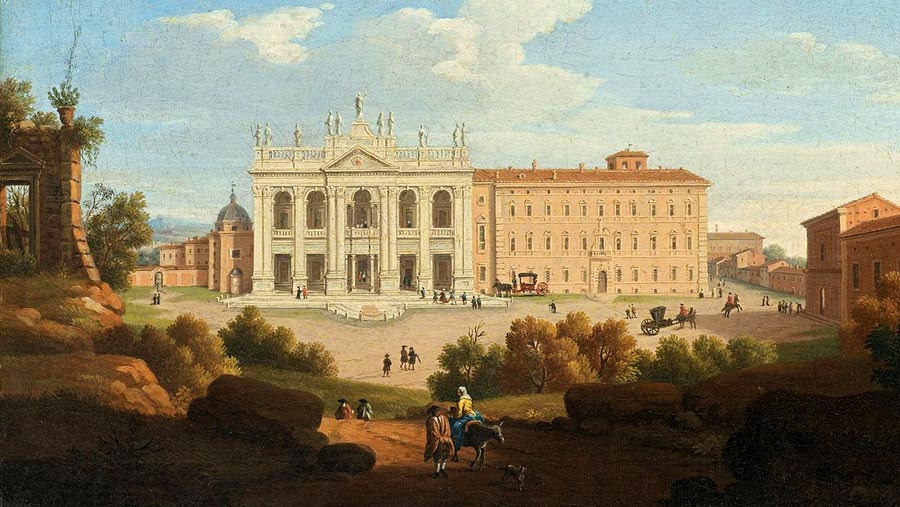 Das Das fast photographisch genaue Bild zeigt die Frontseite der Basilika samt Lateranpalast in der für das neuzeitliche Rom typischen straßenlosen Gelände;