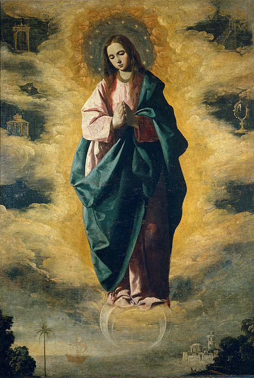 Die unbefleckt Empfangene - Magd des Herrn und Königin des Himmels<br>
Bild: Francisco de Zubaran, Immaculada, Prado von Madrid, Gemeinfrei Wikimedia. Das ist der Alttext