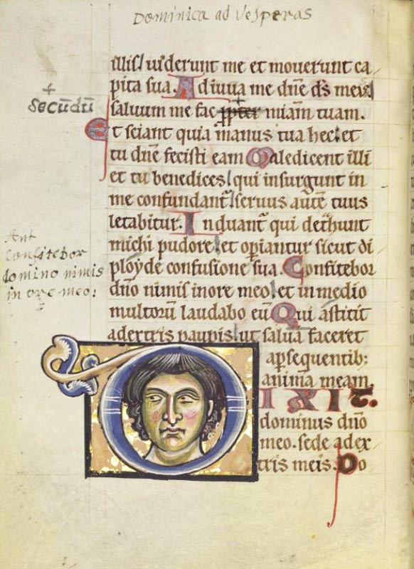 'Dixit Dominus Domino meo' mit dem im Initial 'D' dargestellten Haupt Christi.. <br>Bild: Digitalisat der Staatsbibliothek Dresden Seite aus der Handschrift mit einer großen Initiale: Das Haupt Christi im Buchstaben 'd'