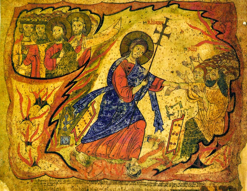 Der 'Schlüssel Davids' in der Antiphon vom 20. ist natürlich kein anderer als der auferstandene Christus, der die Tore der Unterwelt aufsprengt, den Teufel in den Staub tritt und die Gerechten des alten Bundes aus der Gefangenschaft befreit.
Bild: Aus einer Exsultet-Rolle des 11. Jahrhunderts Christus befreit die Gefangenen aus der UNterwelt, im Himmel singen die Heiligen sein Lob.