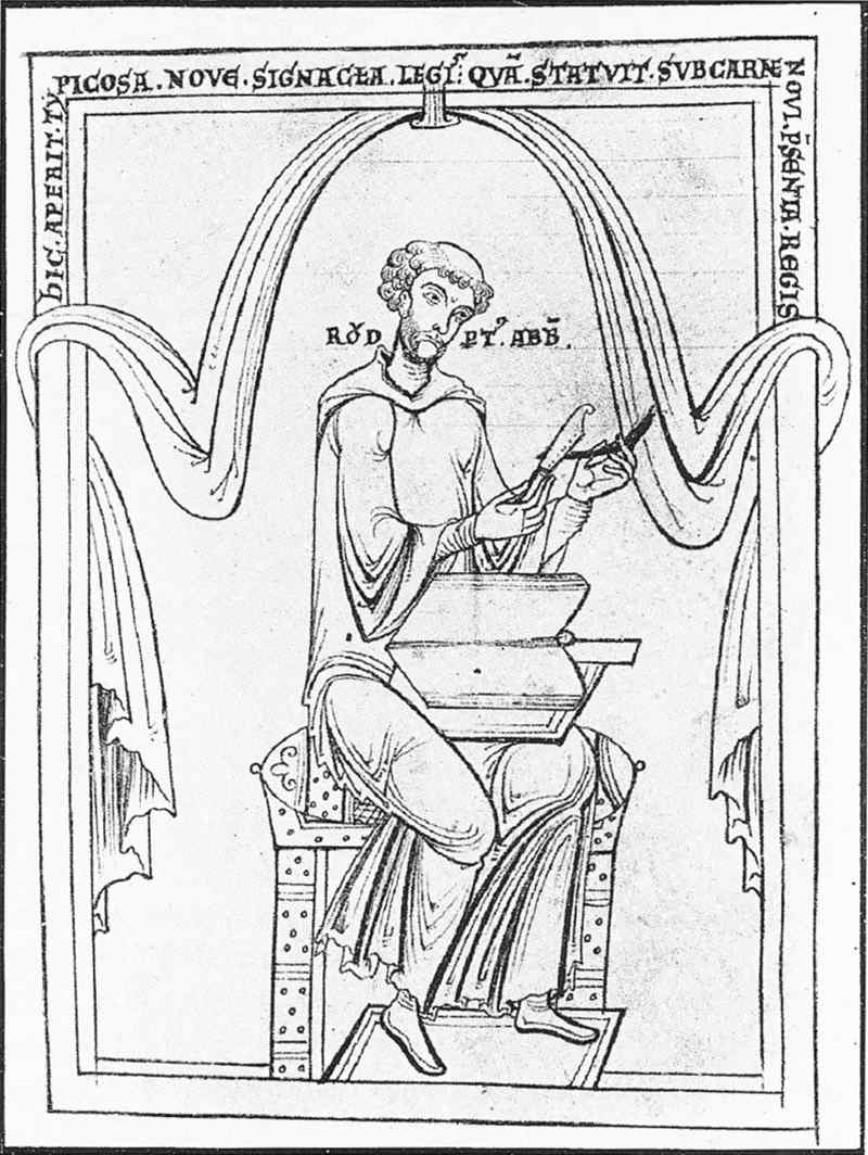 Rupert von Deutz beim Anspitzen einer Schreibfeder.<br>Bild: Wikimedia Commons Die Zeichnung aus einer mittelalterlichen Handschrift zeigt den Heiligen beim Anspitzen einer Schreibfeder