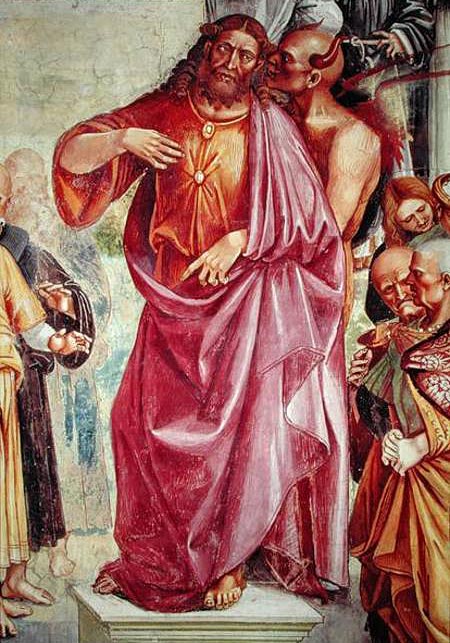 Äußerlich gleicht der Antichrist dem Sohn Gottes in vielem - doch seine Lehre empfängt er vom Vater aller Lügen.<br>Bild: Signorelli, Der lehrende Antichrist, Wikimedia Commons Ausschnitt aus dem Gemälde Signorellis über den lehrenden Antichrist