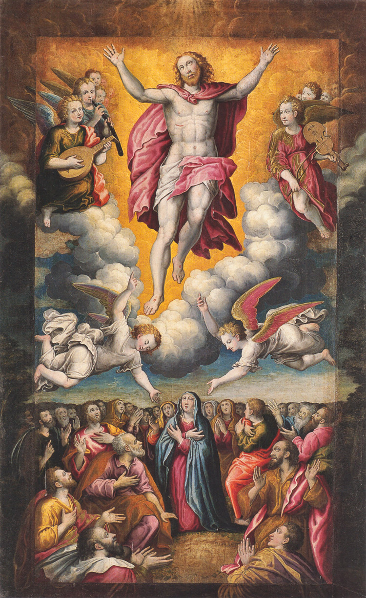 Aufstieg des Siegreichen Erlösers in den Himmel<br>Bild: Ercole Ramazzani, Wikimedia Commons Das Tafelbild von Ramazzani zeigt den siegreichen Christus, der, von Engeln begleitet, in den Himmel hinaufsteigt und die Jüngerschar auf der Erde zurückläßt