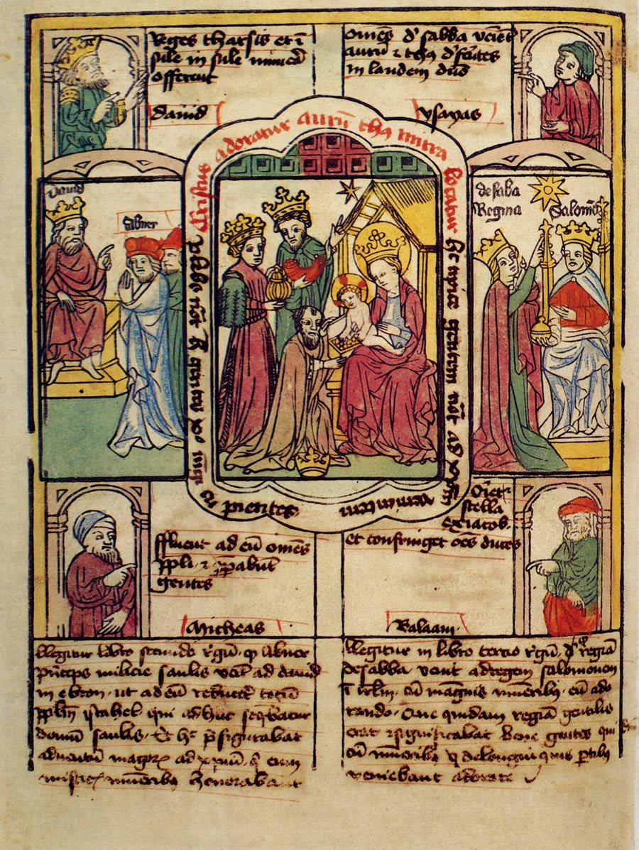 Eine Seite aus einer spanischen „Armenbibel“ des 15. Jahrhunderts. Die Textelemente waren vor allem als Hilfe für den Erklärer gedacht, der das Bild in seiner Katechese einsetzte. <br>Bild: Wikimedia Commons