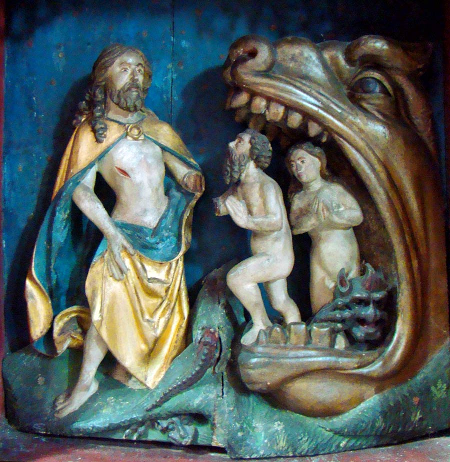 Christus führt die STammeltern aus dem Drachenmaul der Hölle - der Protest Satans bleibt vergeblich Predella des Nonnenaltars der Universitätskirche Rostock.. <br>Bild: Wikimedia, peter schmelzle, CC BY-SA 3.0 Die vollplasisch ausgeführten Figuren zeigen die Szene, wie Christus die STammeltern dem Drachenmaul der Hölle entreißt, während Satan vergeblich protestiert.