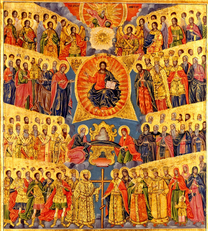 Die hier wiedergegebene Ikone zeigte ähnlich wie beim westlichen „Gnadenstuhl“ über der zentralen Christus-Darstellung auch noch den Hl. Geist und Gottvater - Christus jedoch nicht als Erlöser am Kreuz, sondern als Pantokrator Die Ikone zeigt Christus im Kreis all seiner Heiligen. Über der zerntralen Darstellung Christi sind ähnlich wie beim „Gnadenstuhl“ der westlichen Tradition der hl. Geist und Gottvater eingezeichnet. Christus ist hier jedoch nicht wie im Westen als Erlöser am Kreuz, sondern als Pantokrator dargestellt.