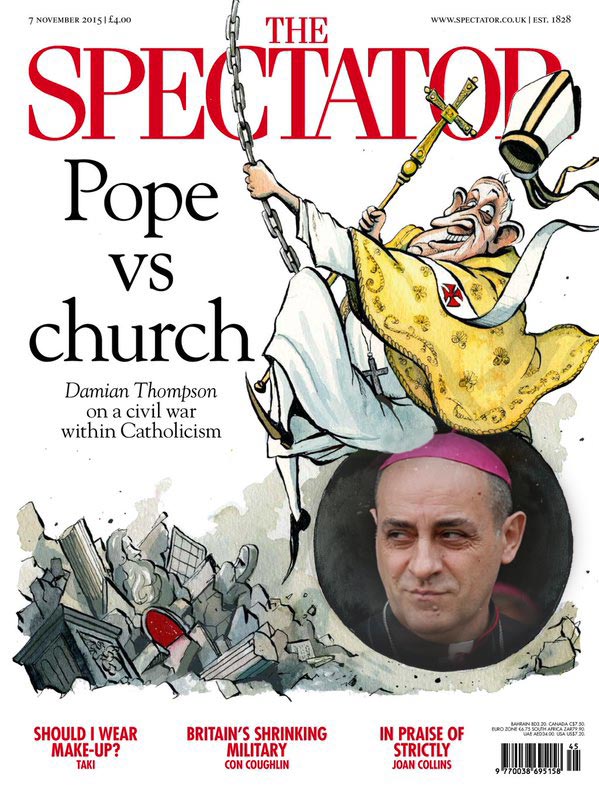 Von diesem Titelbild des Spectator in 2015 werden wir wohl so schnell nicht loskommen. Den Porno-Schriftsteller Fernandez haben wir nachträglich einkopiert.<br>Bild: Montage auf Basis des Spectator-Titelbildes Die Karikatur vom Titelblatt des 'Spectator' zeigt Franziskus, der vergnügt auf einer Abrißbirne sitzend die Kirche zertrümmert. Der Abrißbirne haben wir die Züge von Fernandez einmontiert.