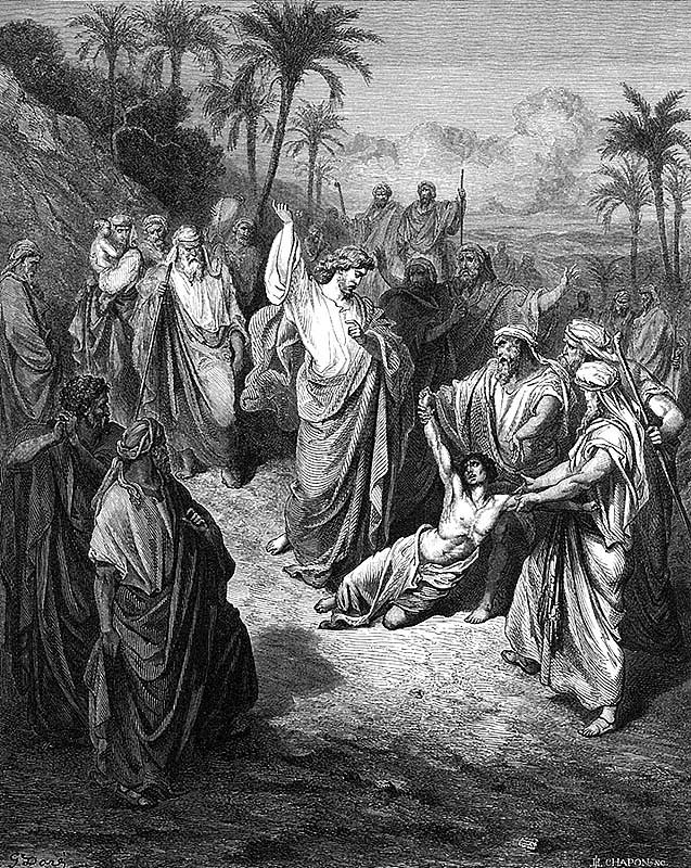 Aus den Bibelillustrationen von Gustave Doré: Christus treibt den stummen Dämon aus. <br>Quelle: Zeno.org Die Bibelillustration von Gustave Doré zeigt die Szene des Evangeliums, in der Christus den stummen Dämon austreibt.