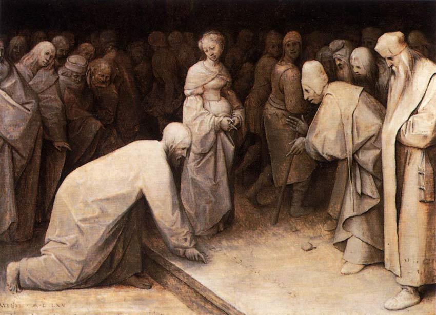 Pieter Brueghel der Ältere, Die Ehebrecherin, 1565. <br>Bild: Wikimedia Commons Das Bild von P. Breuegel dem Älteren zeigt die im Buch Daniel beschriebene Szene.