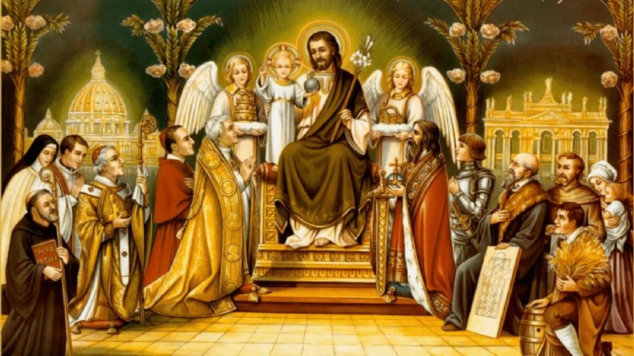 Die Kunst tut sich generell schwer mit der Abbildungen des hl. Joseph. Die ungewöhnliche Darstellung des Heiligen als Schutzherr der Kirche stammt wohl vom Ende des 19. Jh. und zeigt Einflüsse der Arbeit von Max Schmalzl. <br>Bild: Netzfund ohne weiterverfolgbare Quellenangabe Die ungewöhnliche Darstellung zeigt Joseph auf einem Thron sitzend mit dem Kinde Jesus als Weltenherrscher auf dem Schoß und drumherum alle Stände der Kirche, die seinen Schutz erbitten.