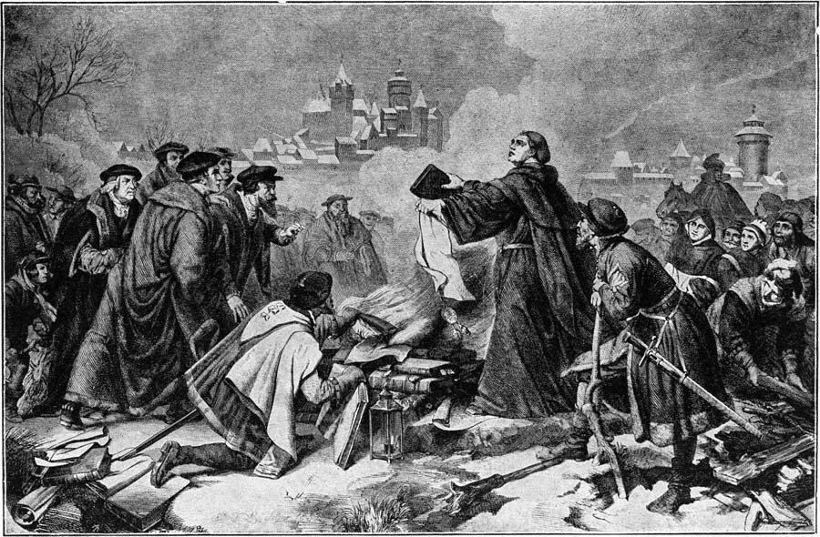 Kommen wir bald wieder in diese Zeiten zurück: Luther verbrennt die vom Papst gegen uhn erlassene Bannbulle. Die Professoren sind begeistert; das Volk trägt Brennholz herbei.<br>Bild: Projekt Gutenberg Der Stahlstich des ausgehenden 19. Jh. zeigt Luther und eine Volksmenge bei der Verbrennung der Bannbulle vor Nürnberg.