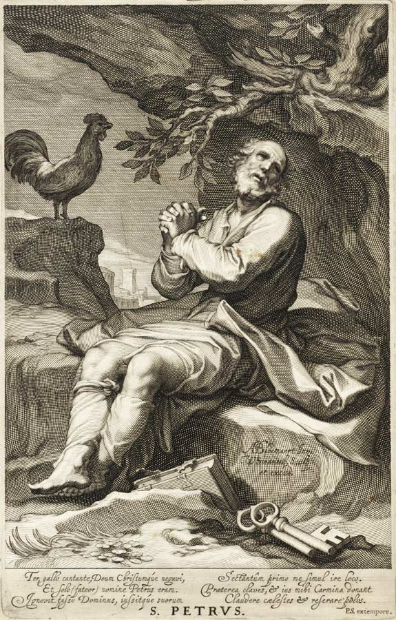 Der Kupferstich des 17. Jh. zeigt den von Reue über seinen Verrat ergriffenen Petrus, während im Hintergrund der Hahn kräht