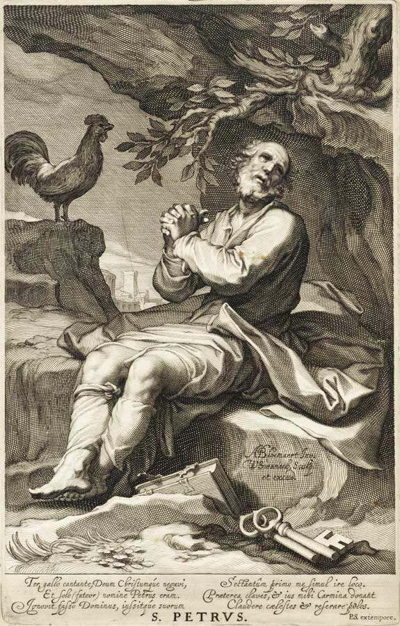 Der bußbereite Petrus. <br>Bild: Stich von Willem Isaacszoon van Swanenburg, Rijksmuseum.nl; Wikimedia Commons Der Kupferstich des 17. Jh. zeigt den von Reue über seinen Verrat ergriffenen Petrus, während im Hintergrund der Hahn kräht