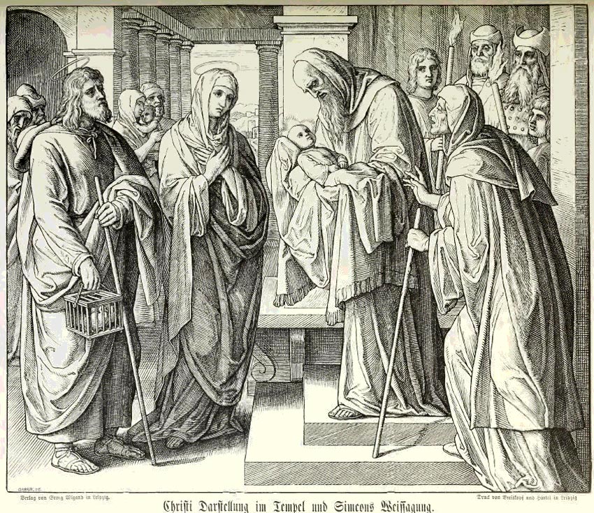 Der Holzschnitt aus der Bilderbibel (S.v.Carolsfeld) zeigt die Szene der Prophezeiung Simeons im Tempel Rechts neben Simeon die ebenfalls mit der Gabe der Prophetie begnadete Witwe Anna. <br>Bild: Große Bilderbibel, eigener Scan