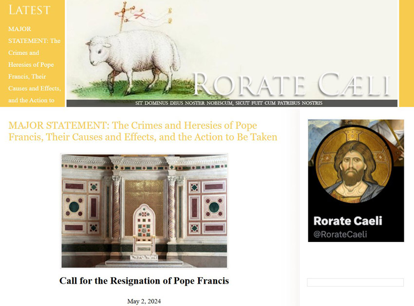 Screenshot der Seite mit der Rücktrittsforderung <br>Bild: Eigener Screenshot Der Screenshot zeigt die Titelseite von Rorate-Caeli mit der Überschrift der Erklärung