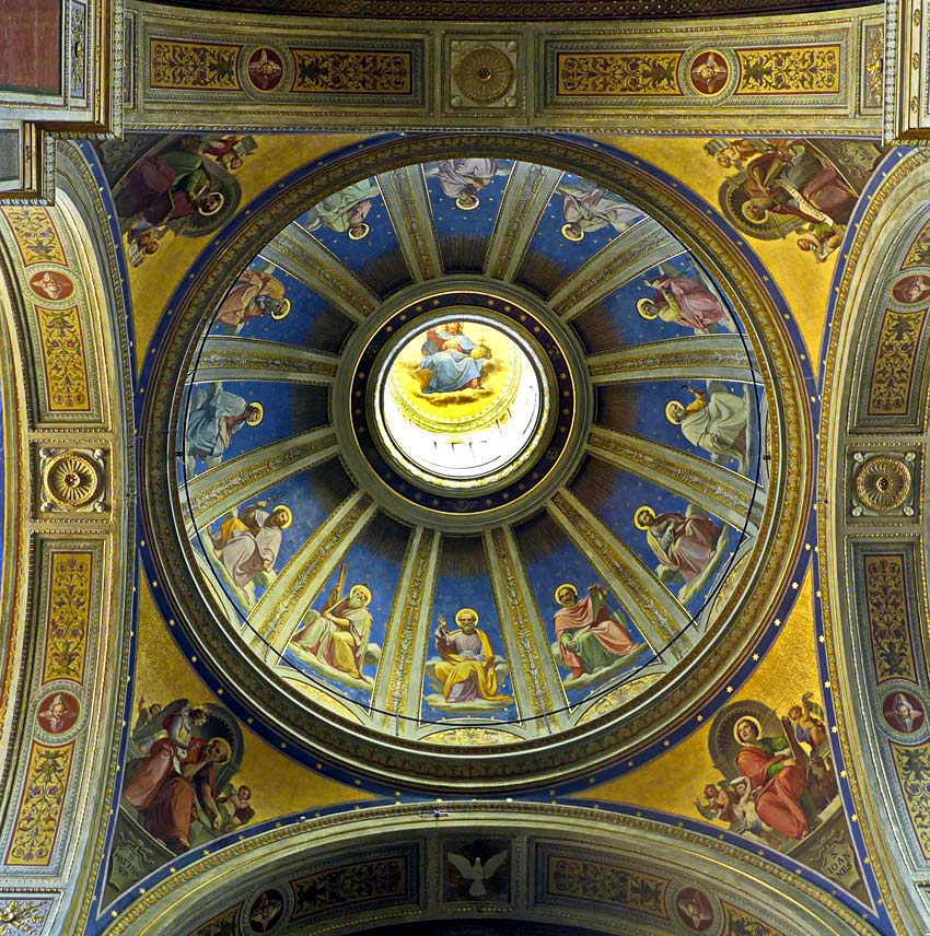 Blick in die Kuppel der heutigen Stationskirche St. Agostino: Christus thront über dem Kreis seiner Apostel. <br>Bild: Wikimedia, Peter 1936F, CC BY-SA 4.0 Blick in die ausgemalte Kuppel von Sant’Agostino: Christus thront über dem Kreis seiner Apostel