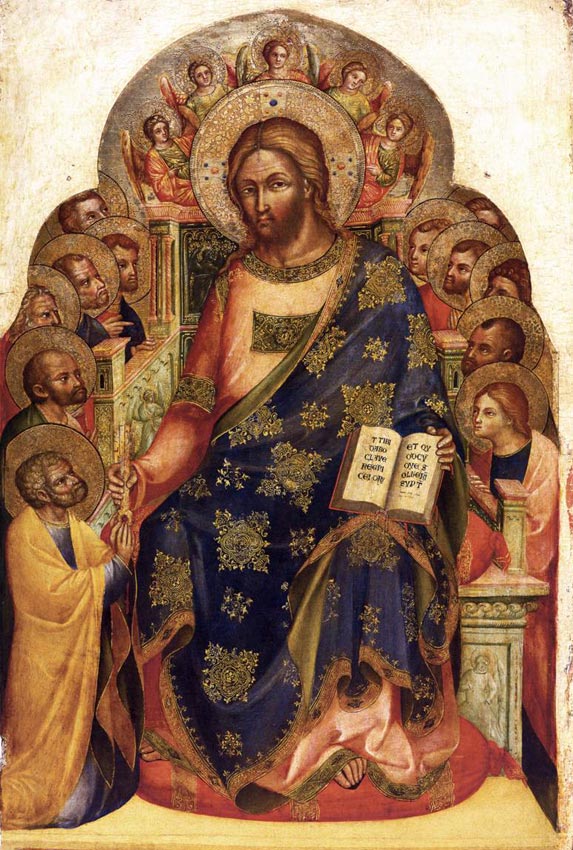 Lorenzo Veneziano (1336 - 1379), Christus übergibt Petrus im Kreise der Apostel die Verwaltung Seiner Kirche. <br>Bild: Wikimedia Commons Das Gemälde aus der Renaisance zeigt Bildfüllend groß Christus, der dem klein vor ihm Knienden Petrus die Schlüssel übergibt