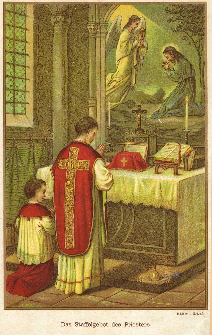 Die äußere Szene zeigt Priester und Ministrant beim Staffelgebet — das „Bild im Bild “ zeigt den betenden Jesus, der sich auf seine Passion vorbereitet. <br>Bild: Eigener Scan Der Stahlstich des ausgehenden 19. Jh. zeigt Priester und Ministrant vor dem Altar, dessen Bild den kniend betenden Jesus zeigt, der im Ölberggarten von einem Engel gestärkt wird.