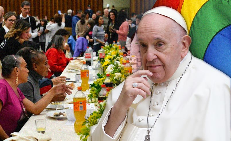 Der Papst trifft sich am 5. 6. mit Vertretern der LGBT+++-Bewegung – nicht zum ersten Mal. Hier hört er gerne zu, bei anderen eher weniger. Seine Prioritäten sind klar. <br>Bild: Montage von LifeSiteNews DDie Montage von LifesiteNews zeigt im Hintergrund eine Aufnahme vom Treffen und im Vordergrund Franziskus vor einer Fahne der LGBT-Bewegung