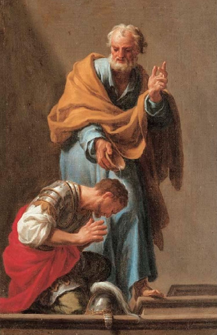Die Taufe des Cornelius von Francesco Trevisani, 1709 <br>Bild:Wikimedia Commons Das Gemälde von Francesco Trevisani zeigt den vor Petrus niederknienden Soldaten Cornelius beim Empfang der Taufe.