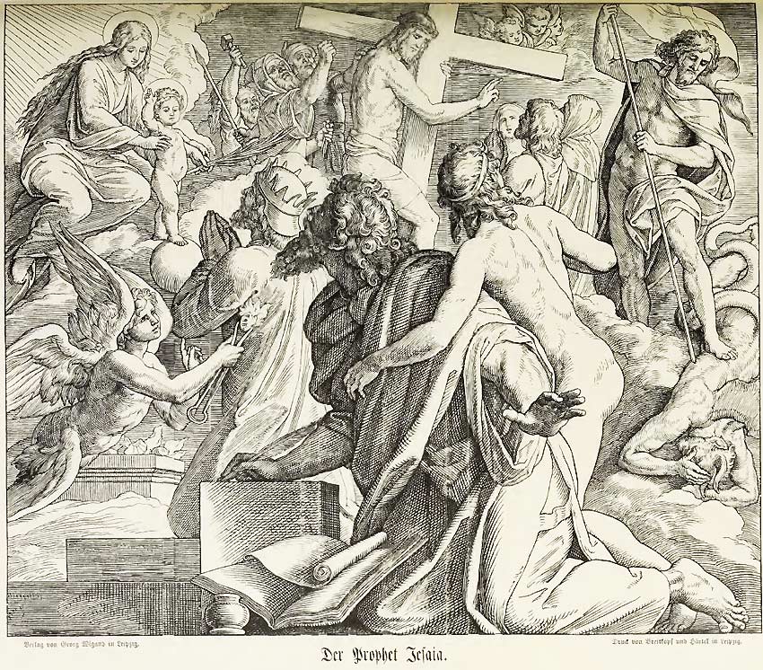 Der Prophet Jesaja und seine Visionen in der Bibelillustration Schnorr von Carolsfelds <br>Bild: Eigener Scan Der Holzschnitt nach Schnorr von Karolsfeld zeigt im Vordergrund den Propheten Jesaja und im Hintergrund die Visionen von der Geburt Jesu, vom Tod am Kreuz und von der Auferstehung