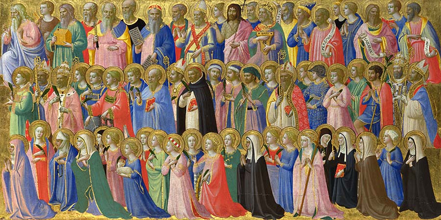 Ausschnitt aus einem Fresco von Fra Angelico - In der oberen Reihe die Apostel des neuen und die Propheten des alten Bundes. Darunter heilige Kleriker vom Papst bis zum Ordensbruder und Welt-Männer aller Stände. Nächste Reihe heilige Frauen und Jungfrauen aller Stände
