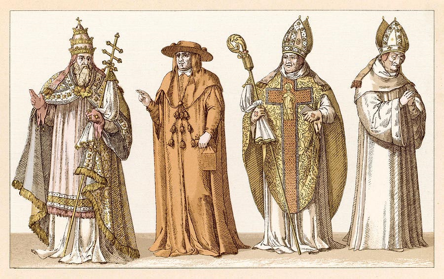 Diese Darstellung der traditionellen Ordnung der Bischofsämter stammt aus einem – man glaubt es kaum – Modehandbuch vom Ende des 19. Jahrhunderts.<br>Bild: Gemeinfrei Der kolorierte Stahlstich zeigt die Geandung cvon Papst, Kardinal, Erzbischof und Bischof