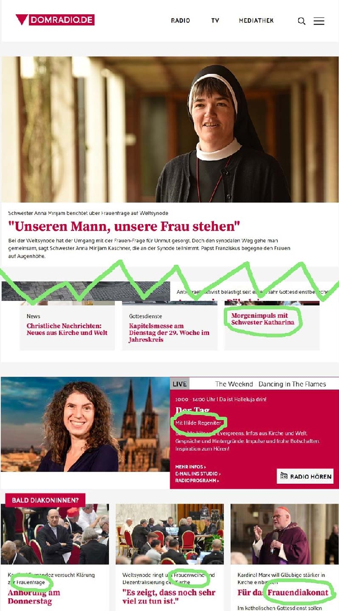Die Kirche ist weiblich! <br>Screenshot (mit Auslassung) Der Screenshot von der Eingangsseite des „Domradio“ zeigt 6 Themen mit „Frauenbezug“