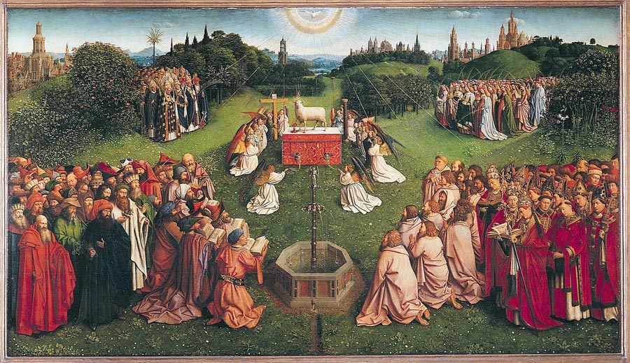 Drückt die Liturgie im himmlischen Jerusalem des Genter Altars ein überholtes Glaubensverständnis aus?<br>Bild: Wikimedia Commons Ausschnitt aus dem Genter Alter mit der Tafel der 'Hochzeit des Lammes'.