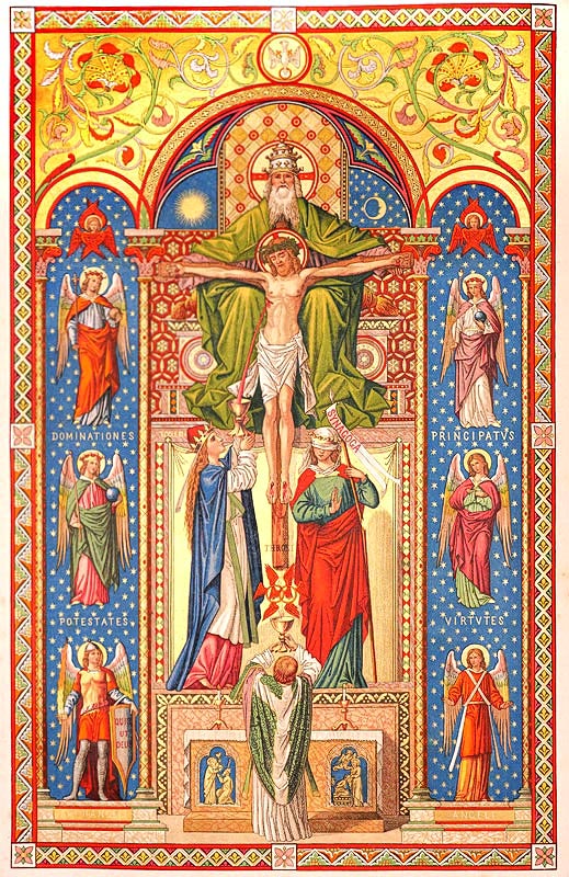 Traditionelle Darstellung des Gnadenstuhls: Christus am Kreuz, gehalten vom Vater, im Heiligen Geist und umgeben von Repräsentanten der himmlischen Heerscharen. Davor der Altar und der Priester, der dem Kreuz der Erlösung zugewandt die Messe feiert.