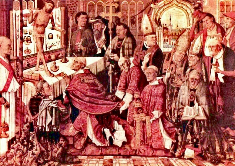 Das Tafelbild des 15. Jahrhunderts zeigt die Vision des Papstes Gregor, dem der leidende Christus während der Messfeier erscheint.
