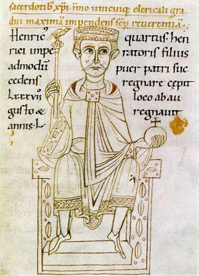 Wohl berühmtestes Opfer einer „politischen“ Exkommunikation: König und späterer Römisch-Deutscher Kaiser Heinrich IV.<br>Bild: Chronik des Eckehard von Aura; Wikimedia commons Stark stilisierte Zeichnung aus einer hochmittelalterlichen Chronik, die den Kaiser mit den Insignien seiner Macht auf dem Thron sitzend darstellt.