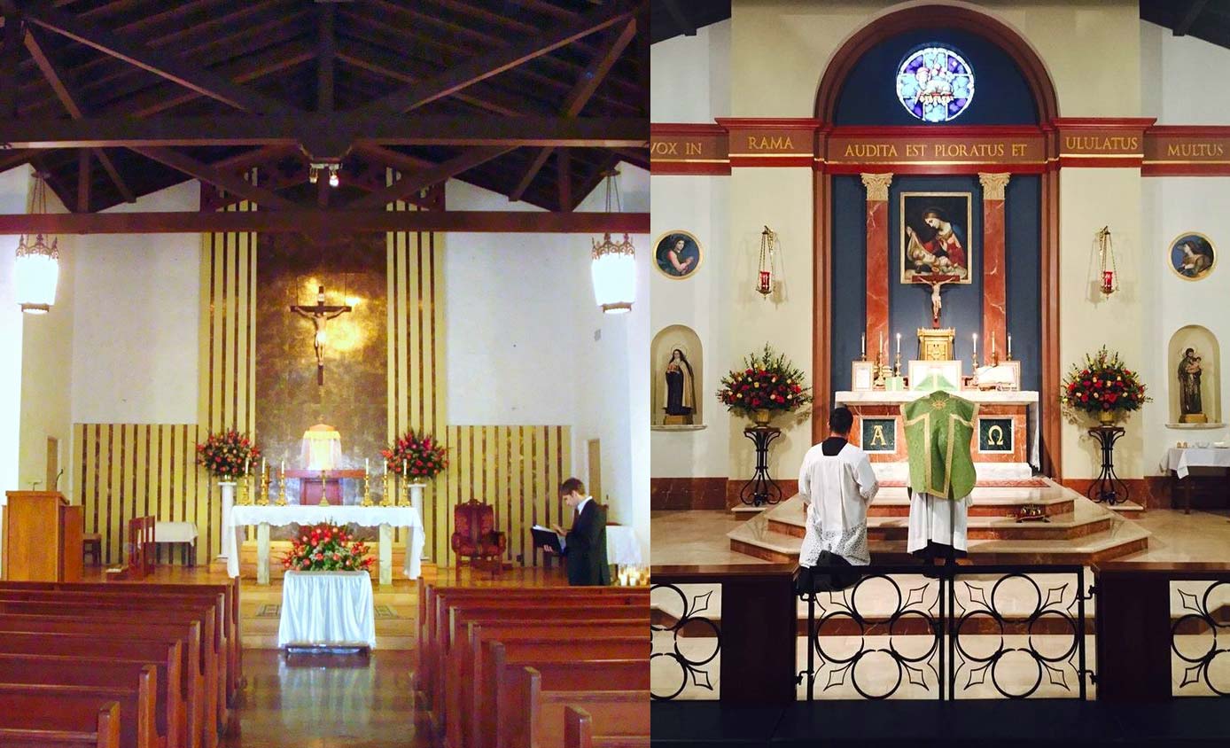 Vorher (1971) tote Moderne - nachher (2023) lebendige Tradition. Holy Innocents in Long Beach, California, https://www.liturgicalartsjournal.com/2024/10/before-and-after-holy-family-church-in.html Blick auf den Altar während der Messe