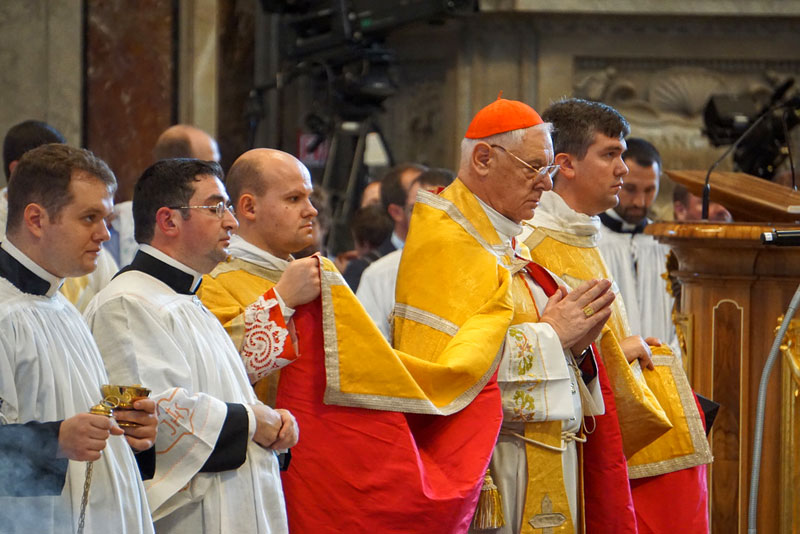 Einzug zum Abschlußgottesdienst im Petersdom. Auch in diesem Jahr konnte keine Messe gefeiert werden; Kardinal Müller hielt eine Predigt und erteilte den feierlichen sakramentalen Segen.<br>Bld: Michael Haynes, LifeSiteNews Kardinal Müller im Pluviale mit Diakon und Subdiakon beim Einzug in die Peterskirche