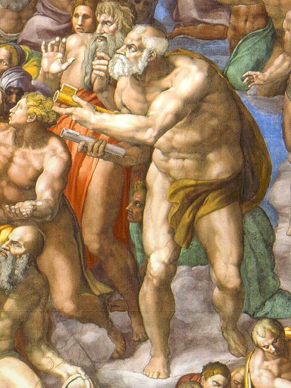Was hat sich wohl Michelango dabei gedacht, als er seinem Petrus auf dem „Jüngsten Gericht“ Schlüssel in die Hand gab, die nicht schließen können? <br>Bild: Ausschnitt aus der gemeinfreien Datei auf Wikimedia commons DEr Ausschnitt aus dem Jüngsten Gericht Michelangelos in der sixtinischen Kapelle zeigt Petrus mit seinen Schlüsseln - die irgendwie kaputt sind.