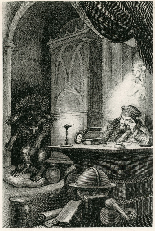 „Das also war des Pudels Kern!“ Faust I, Studierzimmer 1<br>Bild: Illustration von Joh. Heinr. Ramberg, gemeinfrei, gefunden auf http://www.goethezeitportal.de/ Der Kupferstich des 19. Jh. zeigt Faust, der soeben den Kern des Pudels herausgefunden hat: Mephisto höchstselbst