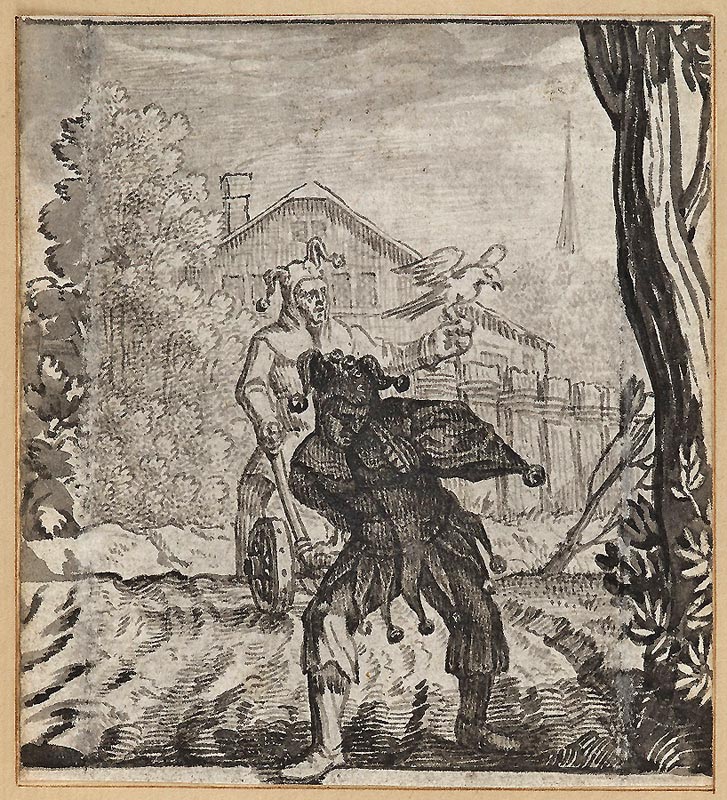 Der Narr in seinen verschiedensten Erscheinungsformen war ein bevorzugtes Thema des Barock-Miniaturisten Wilhelm Stettler. Hier ist er einem begegnet, der sich für den großen Lenker und Gestalter hält – und der doch nur sich plagt wie das vor den Pflug gespannte liebe Vieh auch. — Bild: www.meisterdrucke.us Der zwiegespaltene Narr: In der einen Form lenkt er den Pflug und die ganze Welt - in der anderen ist er nur das Zugtier.