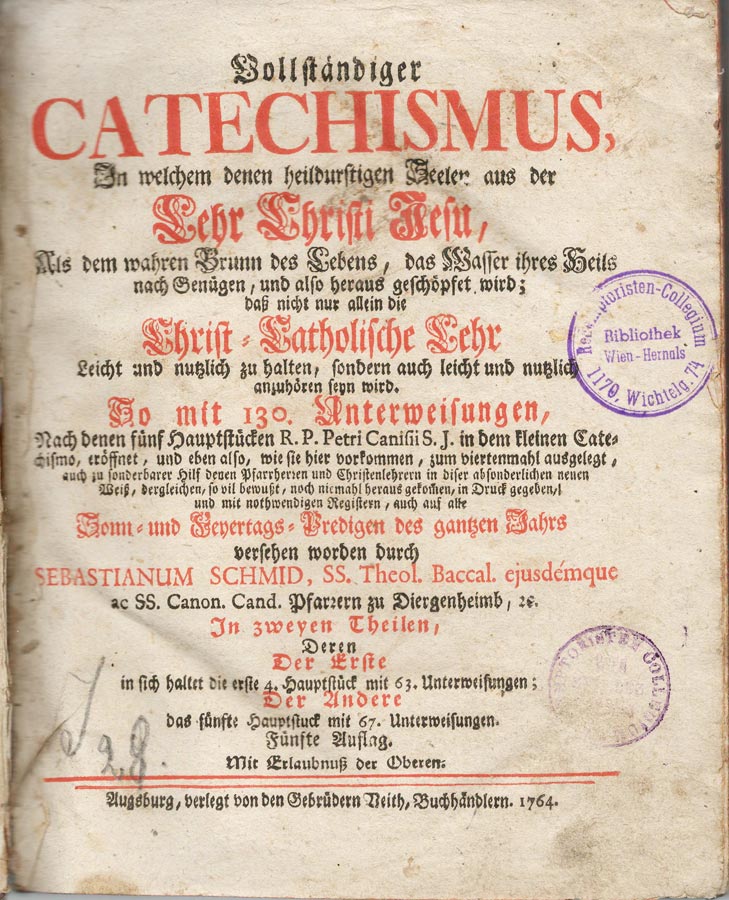 Für den niederen Klerus bearbeitete Fassung des Katechismus von Petrus Canisius (1521 - 1597)in einer deutschen Ausgabe von 1764. Diese Version war ursprünglich ein wesentliches Instrument der Gegenreformation und blieb immer wieder weiterentwickelt bis ins 19. Jh. in Gebrauch. — Bild: Eigener Scan Das in spätbarockem Stil ausgestaltete Titelblatt
