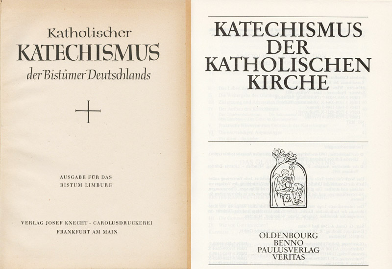 Der Schulkatechismus der 50 Jahre war theologisch einwandfrei. Dennoch gelang es dem auf seiner Grundlage erfolgenden Unterricht nicht mehr, den Glauben unbeschädigt weiter zu geben. Der Katechismus Johannes Pauls II. wurde leider nie zum „Volkskatechismus“. — Bild: Eigener Scan Zwei Ausgaben des 20. Jahrhunderts