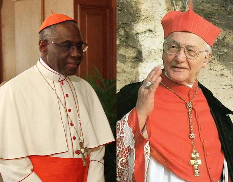 Montage von Porträtphotos der beiden Kardinäle Sarah (* 1945)und Alfons Maria Stickler (* 1910 - † 2007)<br>Bild: links: Wikimedia; rechts: NewLiturgicalMovement Halbporträts der beiden Kardinäle. Der dunkelhäutige Afrikaner Sarah in weißer Kardinalsrobe, Kardinal Stickler in großer roter Robe mit Schleppe